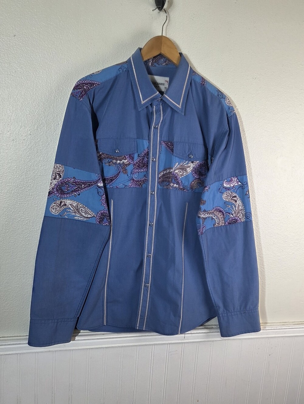 Vintage Ace Of Diamond Western Shirt Mens XXL Blue Paisley Pearl Snap Rockabilly